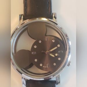 Mickey Mouse Silhouette Seethru Disney Watch / Black Genuine Leather Band. FF178